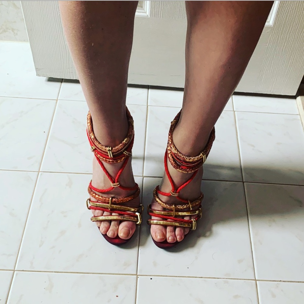 Coral snake skin high heels with gold hardware